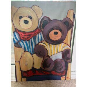 1986 Johanna Haas Oil Painting, "Two Teddy Bears Share A Chair", Signed Fine Art
